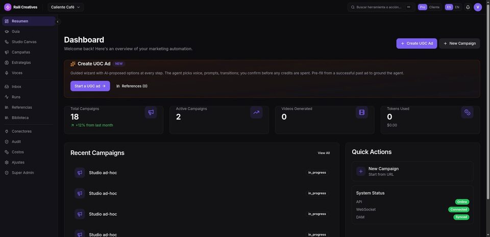 Raili Creatives — dashboard de automatización de marketing