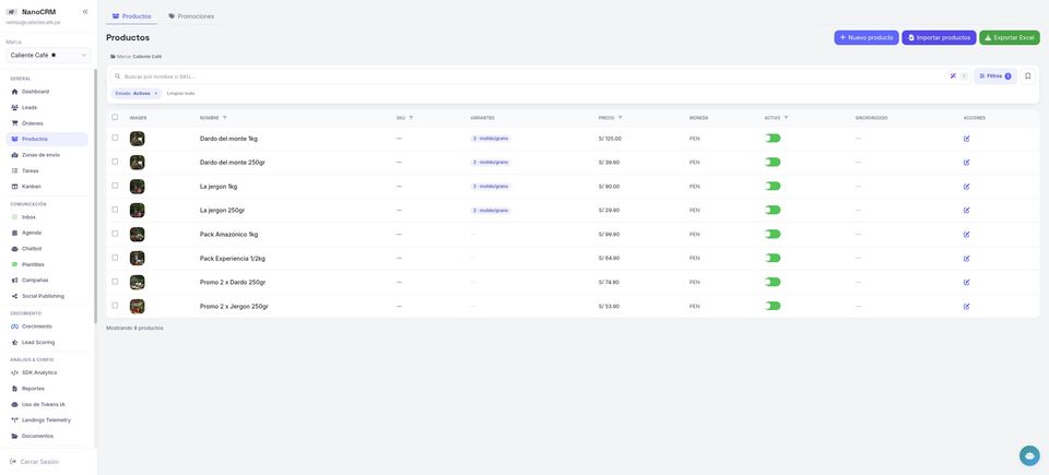 NanoCRM — catálogo de productos por marca